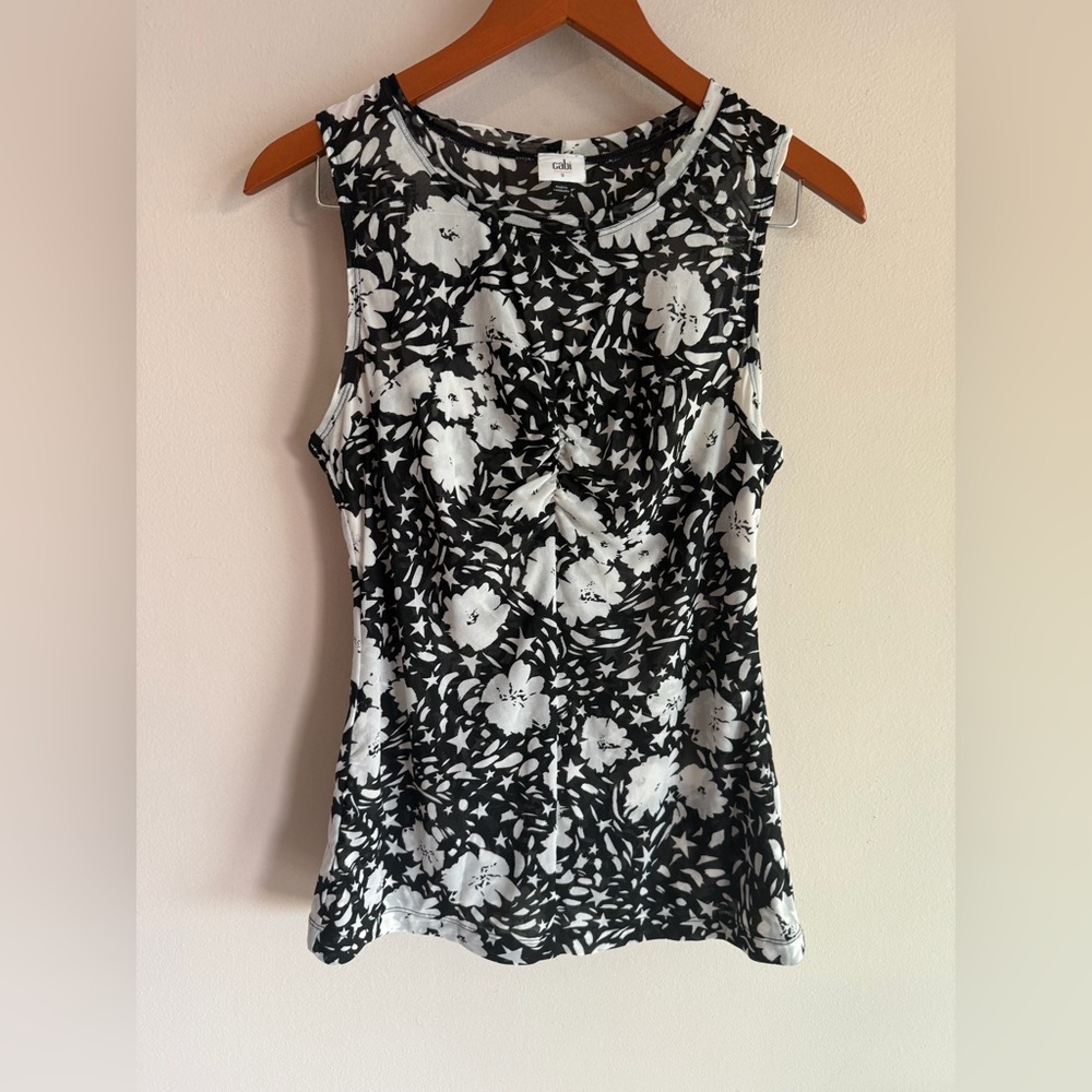 Cabi Black White Floral Star Print Mesh Ruched Sleeveless Tank Top S‎